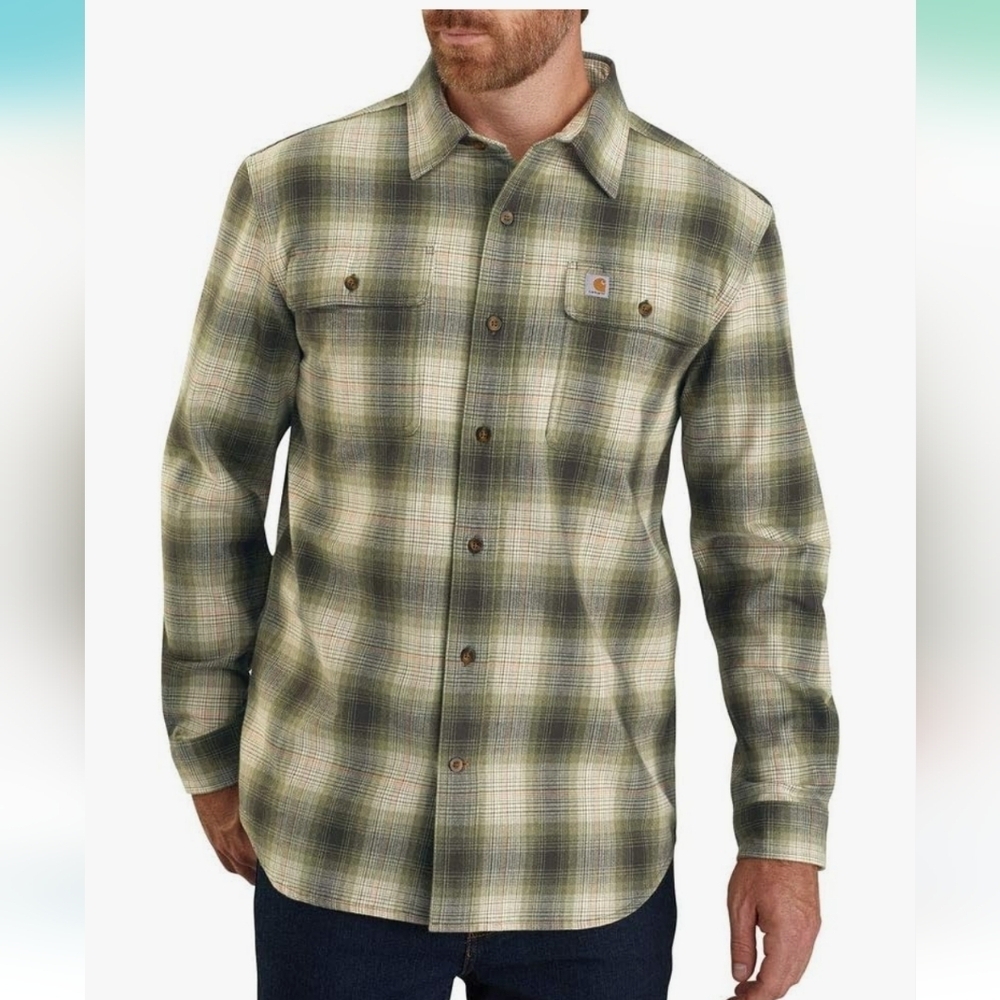 Carrhart Olive Plaid Heavyweight Flannel Size Xl Utility Work Wear Outdoors - Picture 2 of 11